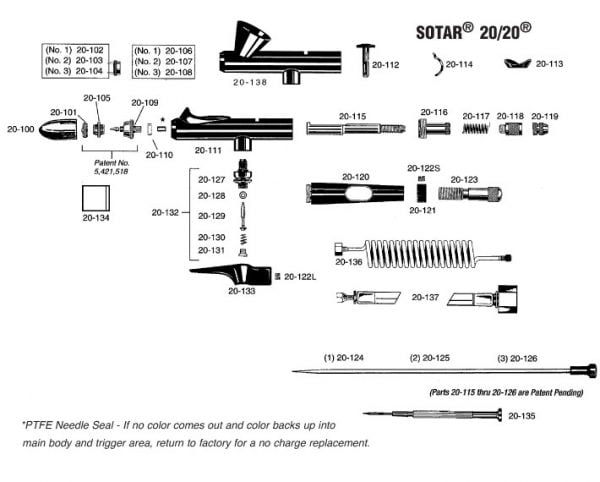 Schematics Badger SOTAR 20/20 Large Gravity Feed Airbrush with Fine Head 2020-2F