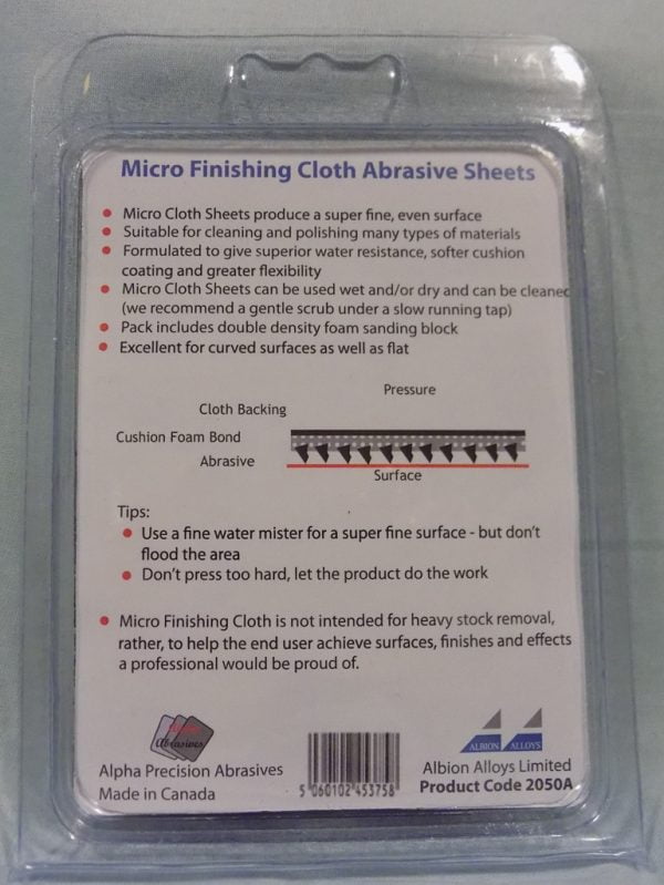 Back Alpha Abrasives Micro Finishing Cloth Abrasive Sheets 9 Sheet Pack 2050A