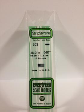 Evergreen .010" X .060" Pack of 10 Opaque White Polysterene Strip EVE 103