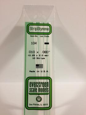 Evergreen .010" X .080" Pack of 10 Opaque White Polysterene Strip EVE 104