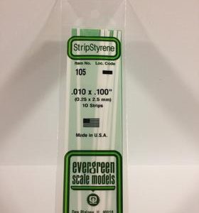 Evergreen .010" X .100" Pack of 10 Opaque White Polysterene Strip EVE 105