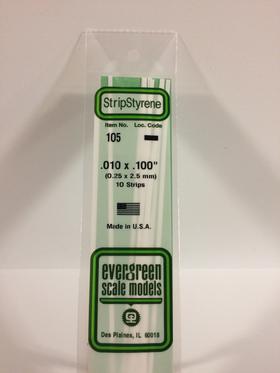 Evergreen .010" X .100" Pack of 10 Opaque White Polysterene Strip EVE 105