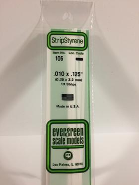 Evergreen .010" X .125" Pack of 10 Opaque White Polysterene Strip EVE 106