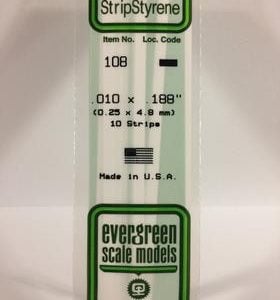 Evergreen .010" X .188" Pack of 10 Opaque White Polysterene Strip EVE 108