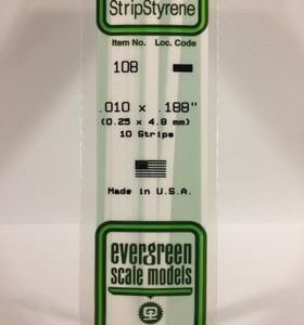 Evergreen .010" X .188" Pack of 10 Opaque White Polysterene Strip EVE 108