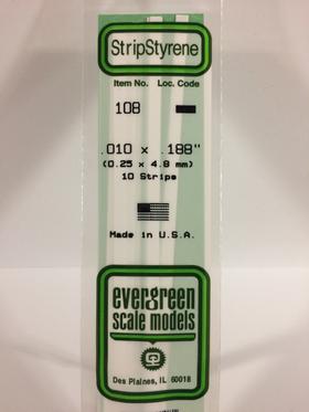 Evergreen .010" X .188" Pack of 10 Opaque White Polysterene Strip EVE 108
