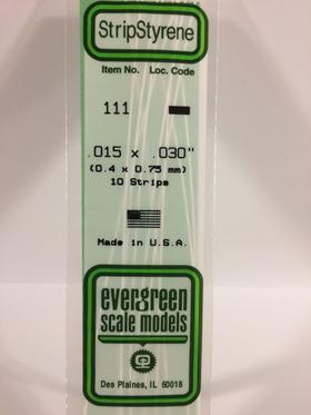 Evergreen .015" X .030" Pack of 10 Opaque White Polysterene Strip EVE 111