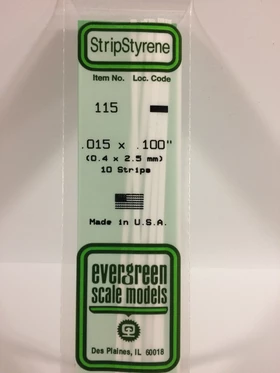 Evergreen .015" X .100" Pack of 10 Opaque White Polysterene Strip EVE 115