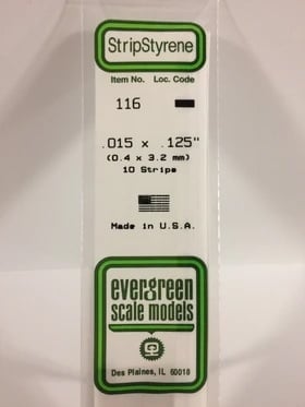 Evergreen .015" X .125" Pack of 10 Opaque White Polysterene Strip EVE 116