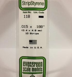 Evergreen .015" X .188" Pack of 10 Opaque White Polysterene Strip EVE 118