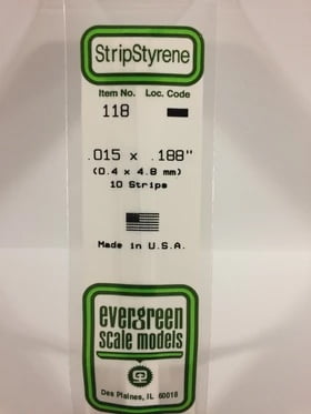 Evergreen .015" X .188" Pack of 10 Opaque White Polysterene Strip EVE 118