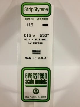 Evergreen .015" X .250" Pack of 10 Opaque White Polysterene Strip EVE 119