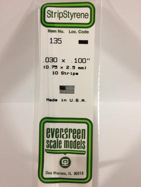 Evergreen .030" X .100" Pack of 10 Opaque White Polysterene Strip EVE 135