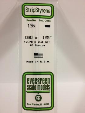 Evergreen .030" X .125" Pack of 10 Opaque White Polysterene Strip EVE 136