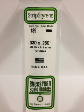 Evergreen .030" X .250 Pack of 10 Opaque White Polysterene Strip EVE 139