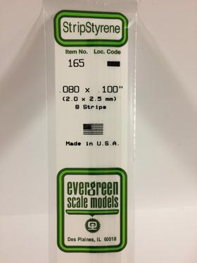 Evergreen .080 X .100" Pack of 8 Opaque White Polystyrene Strip EVE 165