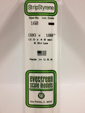 Evergreen .080 X .188" Pack of 8 Opaque White Polystyrene Strip EVE 168