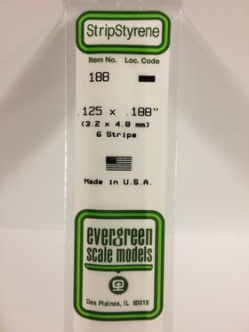 Evergreen .125 X .188" Pack of 6 Opaque White Polystyrene Strip EVE 188