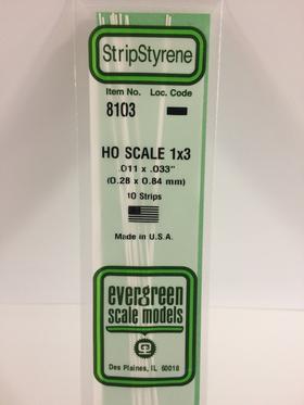 Evergreen 011 X .033" 10 Pack HO Scale 1x3 Opaque White Polystyrene 8103
