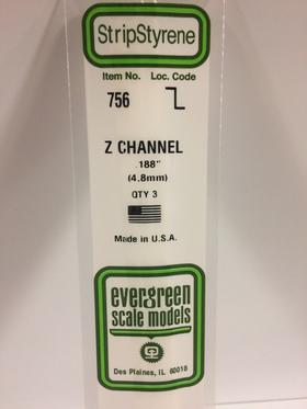 Evergreen 0.188" 3 Pack Opaque White Polystyrene Z Channel 756