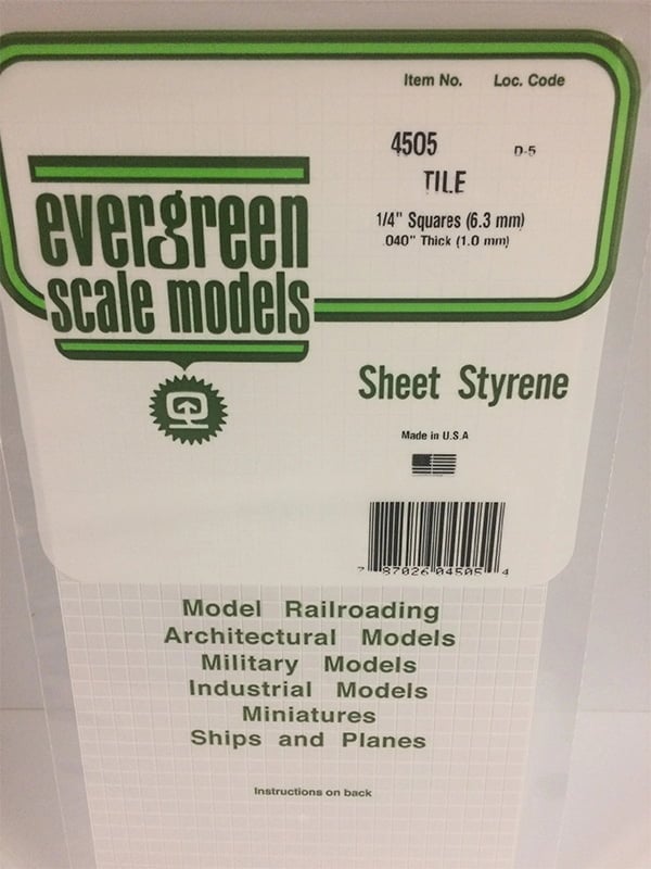 Evergreen .040″ Thick 1/4" Square Tile White Polystyrene Sheet EVE 4505