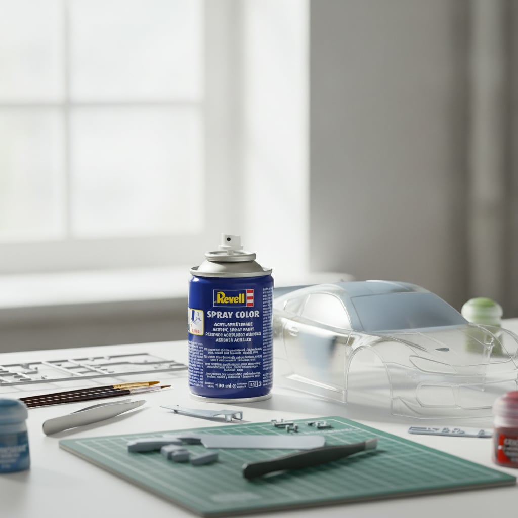 A flat-lay composition showcasing the versatility of Revell Spray Color. A Revell 100ml spray can (Grey Silk RVP 34374) without cap with distinctive blue label is surrounded by small, neatly painted samples of polycarbonate, wood, ceramic, and metal, all featuring a uniform grey silk coating matching the swatch color with a subtle, semi-gloss finish. Bright, airy atmosphere, minimalist arrangement, professional product catalog style.