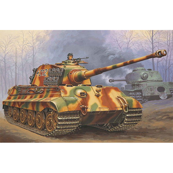 The Tiger II, unofficially known as the King Tiger, developed in 1943, was produced by Henschel from 1944 onwards. The King Tiger combined the requirements for armoured protection and fire power in an exemplary manner. The front armour up to 150 mm thick could not be penetrated by any of the on-board weapons of its opponents. The side armour was up to 80 mm thick. Despite several massive allied bombardments of the Henschel works in Kassel, a total of 492 Tiger IIs - including the prototypes and 50 vehicles equipped with the Porsche turret - were delivered to the troops. However not all of these reached the units at the front. A large number of Tiger IIs were lost when they broke down as a result of their heavy overall weight or simply because they ran out of fuel. model-details: - New mould with fine surface details - Turret rotates and height of cannon is adjustable - Injection moulded tracks - Turret hatches can be shown open - Zimmerit (anti-mine cladding) not included