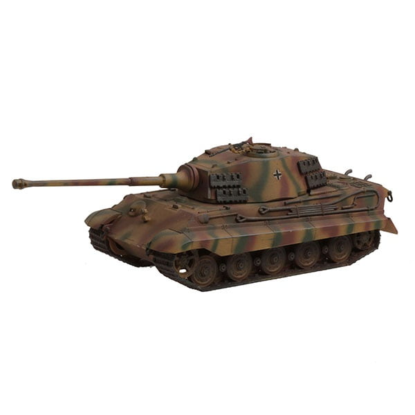 The Tiger II, unofficially known as the King Tiger, developed in 1943, was produced by Henschel from 1944 onwards. The King Tiger combined the requirements for armoured protection and fire power in an exemplary manner. The front armour up to 150 mm thick could not be penetrated by any of the on-board weapons of its opponents. The side armour was up to 80 mm thick. Despite several massive allied bombardments of the Henschel works in Kassel, a total of 492 Tiger IIs - including the prototypes and 50 vehicles equipped with the Porsche turret - were delivered to the troops. However not all of these reached the units at the front. A large number of Tiger IIs were lost when they broke down as a result of their heavy overall weight or simply because they ran out of fuel. model-details: - New mould with fine surface details - Turret rotates and height of cannon is adjustable - Injection moulded tracks - Turret hatches can be shown open - Zimmerit (anti-mine cladding) not included
