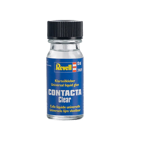 Revell Contacta Clear is a special crystal clear adhesive for model making. It is an aqueous adhesive that is overall suitable for various types of plastics. When dry, it has a high level of transparency, so that it can be used primarily for gluing clear parts such as windows and cockpit hoods. With the brush contained in the bottle lid, it is simply applied in a thin layer on both sides of the parts to be glued. Warnings: Preservatives, Preservatives: Bronopol, 2-Octyl-2H-isthiazol-3-one Warning! Only for children over 8 years. Use under adult supervision.
