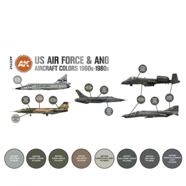 AK Interactive Acrylic 3rd Gen Air US Air Force and ANG Aircraft 1960s-1980s Paint Set 11747