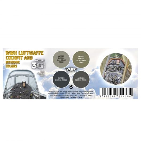 AK Interactive Acrylic 3rd Gen Air WWII Luftwaffe Cockpit and Interior Colors Paint Set 11722