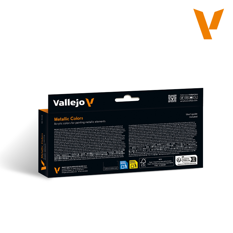 Vallejo Metallic Colors Paint Set of 8 70118 Box Back