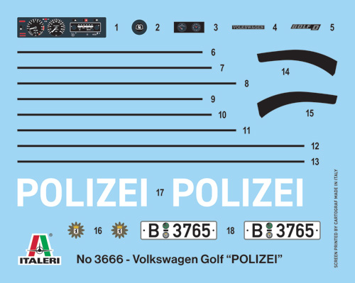 Italeri VW Golf Polizei Model with Rubber Tires 1/24 Scale 3666