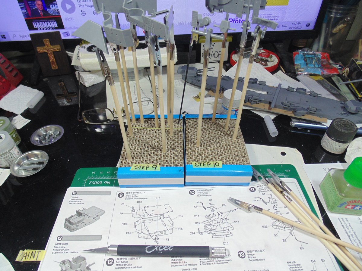 Parts on sticks that are ready for priming