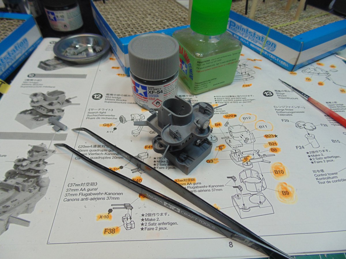 Mid bridge assembled with Tamiya tweezers below 