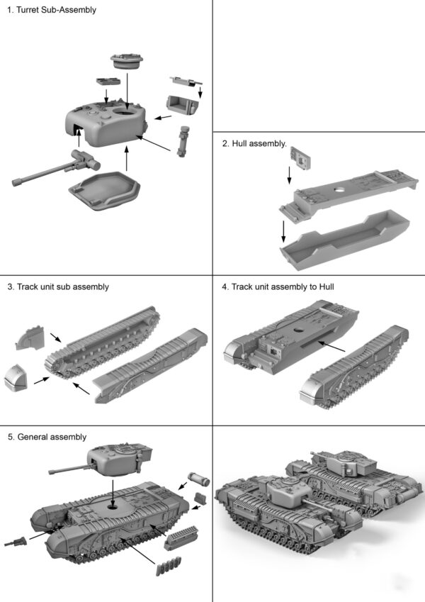 Easy Assembly plastic injection moulded 1/72nd British Churchill tank. Each sprue has options to build Mk IV, VI (75mm), Mk V 95mm howitzer Close Support or AVRE variants. Two vehicles in the box and each vehicle comes with a commander figure.