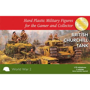 Easy Assembly plastic injection moulded 1/72nd British Churchill tank. Each sprue has options to build Mk IV, VI (75mm), Mk V 95mm howitzer Close Support or AVRE variants. Two vehicles in the box and each vehicle comes with a commander figure.
