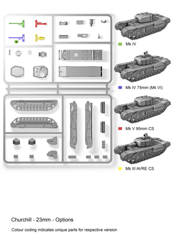 Easy Assembly plastic injection moulded 1/72nd British Churchill tank. Each sprue has options to build Mk IV, VI (75mm), Mk V 95mm howitzer Close Support or AVRE variants. Two vehicles in the box and each vehicle comes with a commander figure.