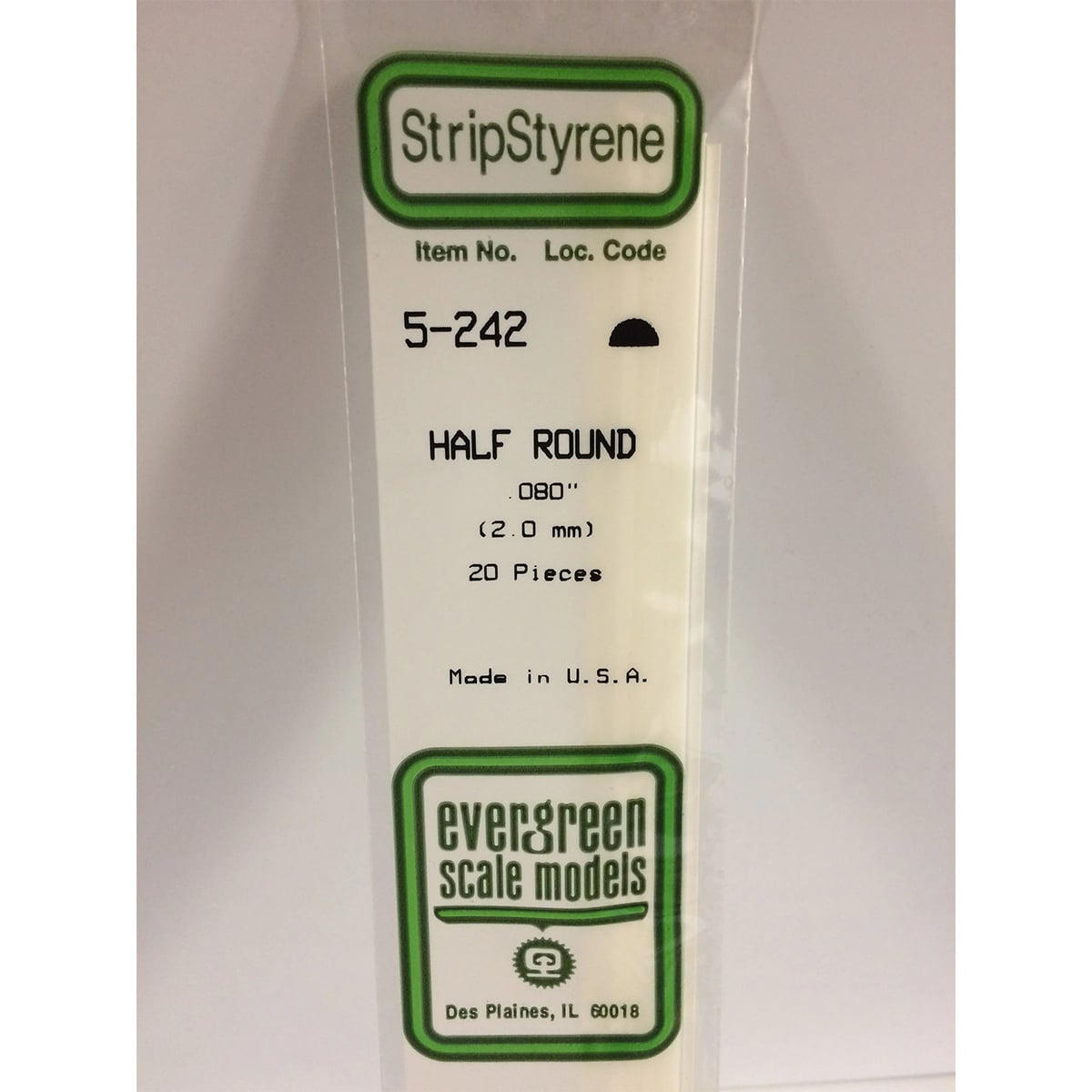 Evergreen Half Round .080 inch Opaque White Polystyrene Bulk Pack of 20 EVE 5242