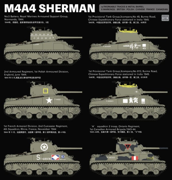 RyeField Model M4A4 Sherman with Workable Tracks and Metal Barrel Canadian Markings 1/35 Scale 5119