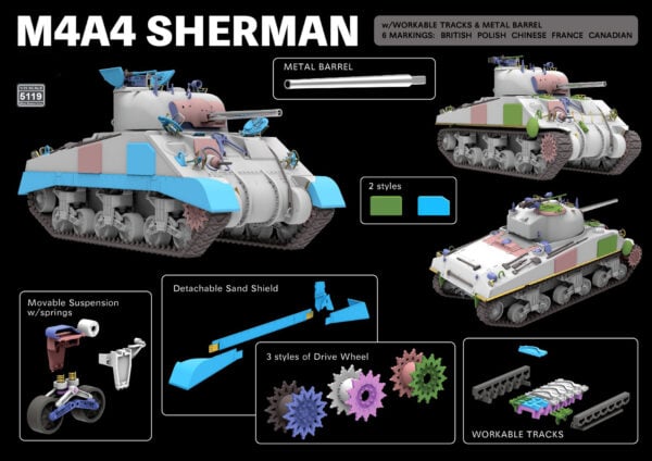 RyeField Model M4A4 Sherman with Workable Tracks and Metal Barrel Canadian Markings 1/35 Scale 5119