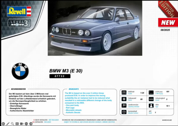 Revell Germany BMW M3 E30 1/24 Scale 07733