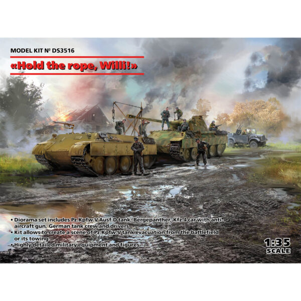 ICM Hold the Rope Willi Pz.Kpfw.V Panther Ausf.D Bergepanther le.gl.Einheitz-Pkw Kfz.4 German Drivers 1939-1945 and German Tank Riders 1942-1945 1/35 Scale DS3516