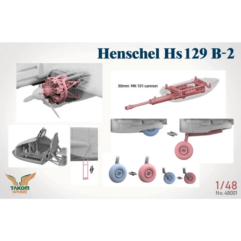 Details Takom Wings Henschel HS 129 B-2 with Interior and Clear Parts 1/48 Scale 48001