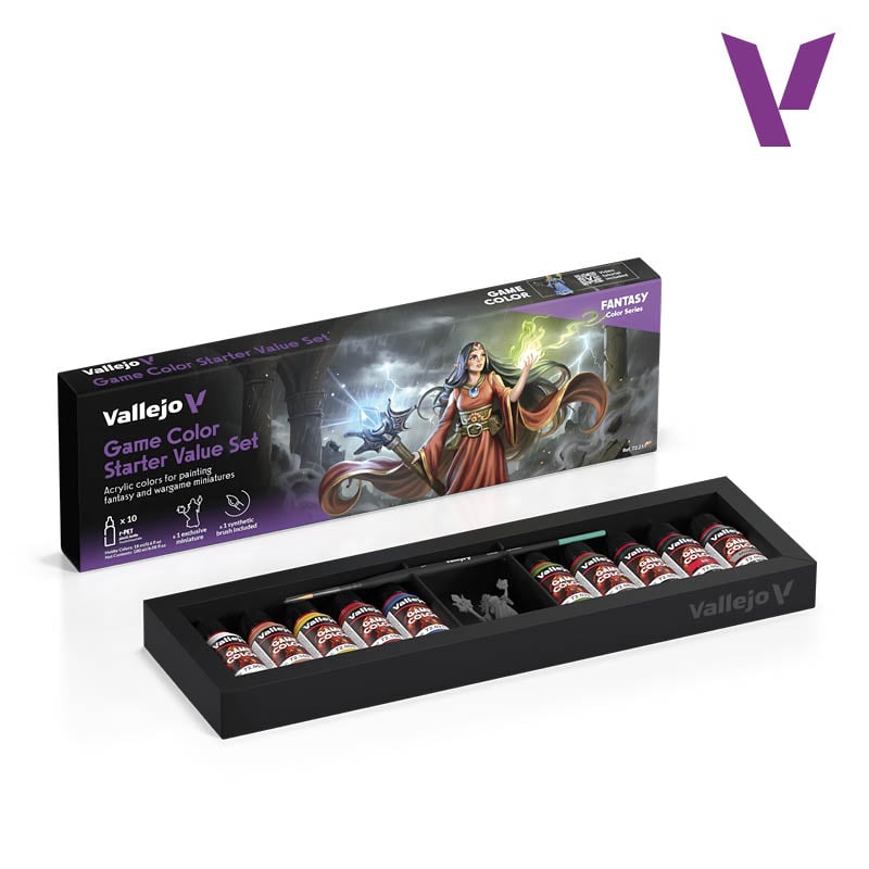 Vallejo Game Color Starter Value Set of 10 with Brush and Miniature 72215 Opened