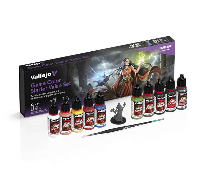 Vallejo Game Color Starter Value Set of 10 with Brush and Miniature 72215