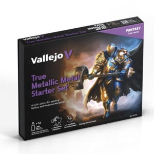 Vallejo True Metallic Metal Starter Value Set of 12 with Brush and Miniature 77272