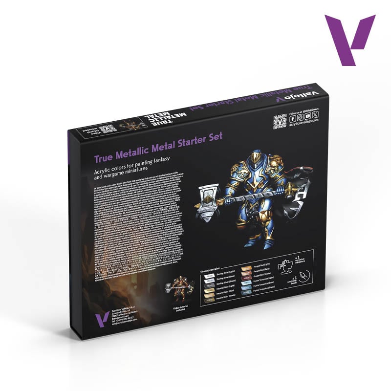 Vallejo True Metallic Metal Starter Value Set of 12 with Brush and Miniature 77272 Back