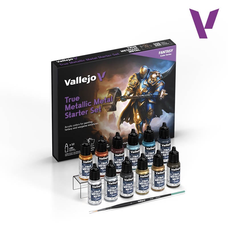 Vallejo True Metallic Metal Starter Value Set of 12 with Brush and Miniature 77272 Contents