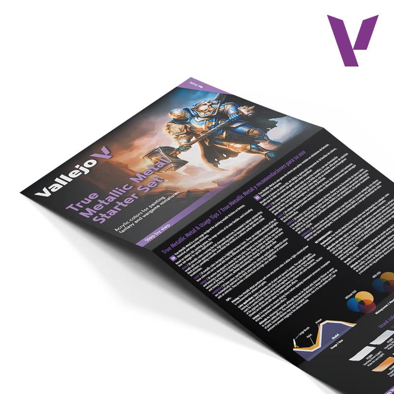 Vallejo True Metallic Metal Starter Value Set of 12 with Brush and Miniature 77272 Leaflet